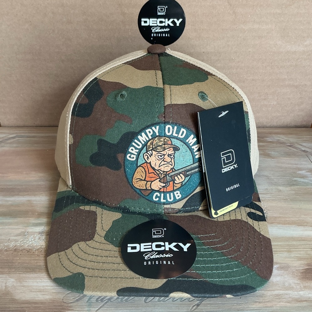 Decky Camo Grumpy Old Man Club Hunter w/shotgun Trucker Hat